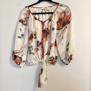 Daytrip Women’s Boho Floral Tie Front Sheer Blouse Dusty Rose Small